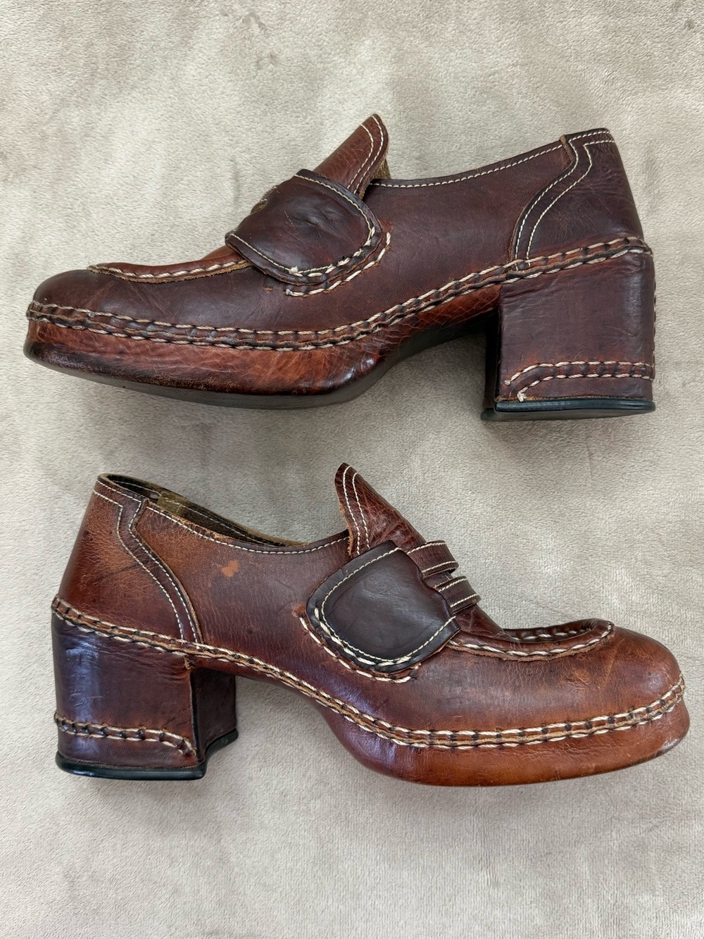 * Vintage Leather Chunky Heel Loafers Bold Stitching - Picture 3 of 12